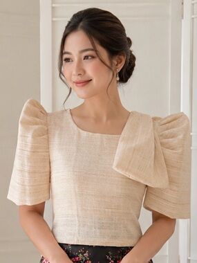 Modern Filipiniana top- Elegant Cream Puff-Sleeve Blouse with Neck Tie